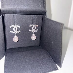 CHANEL Pink Crystal CC Drop Earrings
